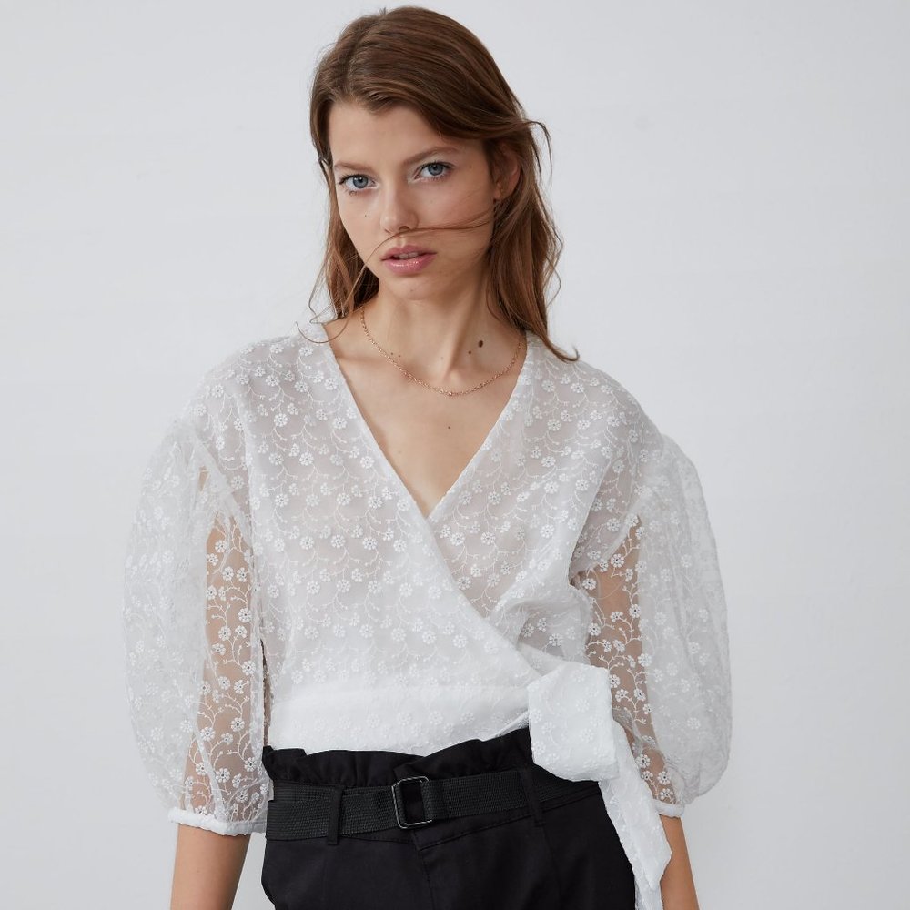 NWT Zara Sheer Embroidered Puff Sleeve Wrap Top